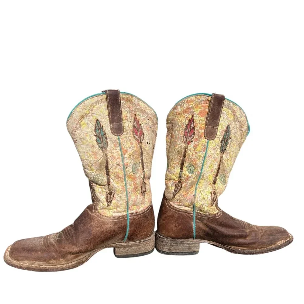 Roper Western Boots Women's Size 7.5 US Arrow Feather Embriodered Tan Leather Th - Picture 7 of 12